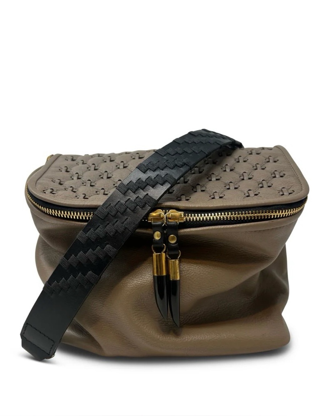 Kempton & Co Mini Rough Night Taupe Leather Crossbody Bag with Black Woven Strap